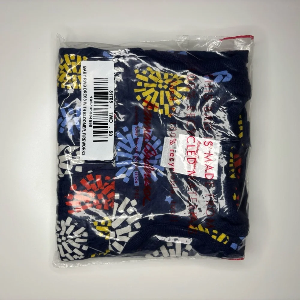 NWT Hanna Andersson Baby Sleeveless Dress w/ Bloomers, Fireworks, Size 50 (0-3mo